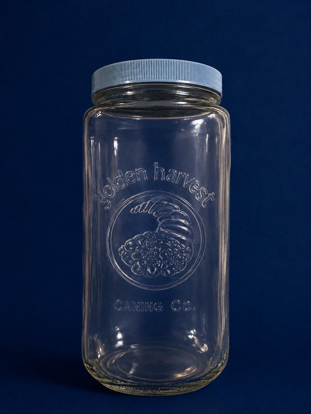 Vintage Golden Harvest Glass Canister blue Lid 9 1/4” Tall Fall Decor
